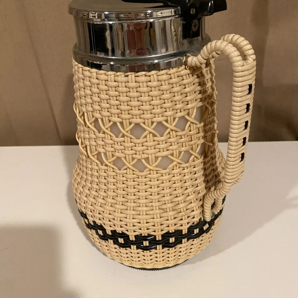 Vintage AB Termoverken Rattan Thermos Pitcher Sweden Cream & Black‎ MCM